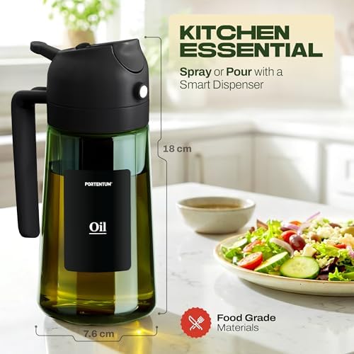 PORTENTUM Olive oil spray bottle for cooking 16oz/470ml 2 in 1 spray and pour function – Anti drip green glass bottle dispenser with light protection – Multilingual labels – Air fryer salads grilling