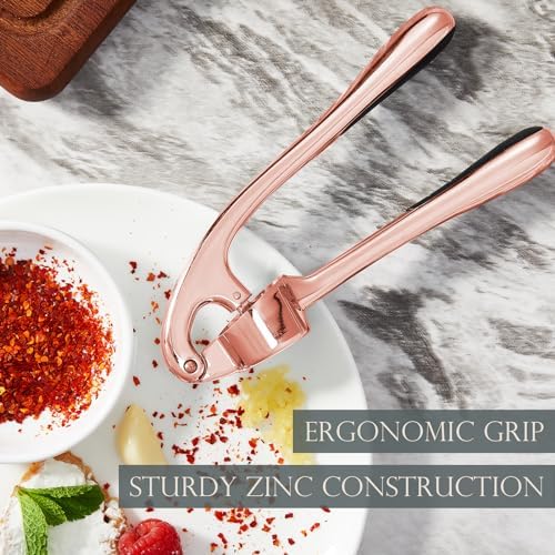 Kitessensu High Effective Premium Garlic Press Set, With Silicone Garlic Peeler & Brush, Heavy Duty Garlic Mincer, Easy to Squeeze and Clean, Rust Proof & Dishwasher Safe - Rose Gold