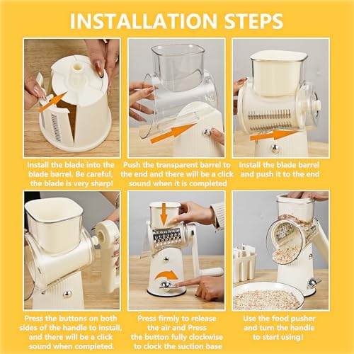 Rotary Cheese Grater with Handle: 5 in 1 Cheese Grater Hand Crank Cheese Shredder with Strong Suction Base Kitchen Vegetable Slicer with 5 Interchangeable Blades, Storage Box, White