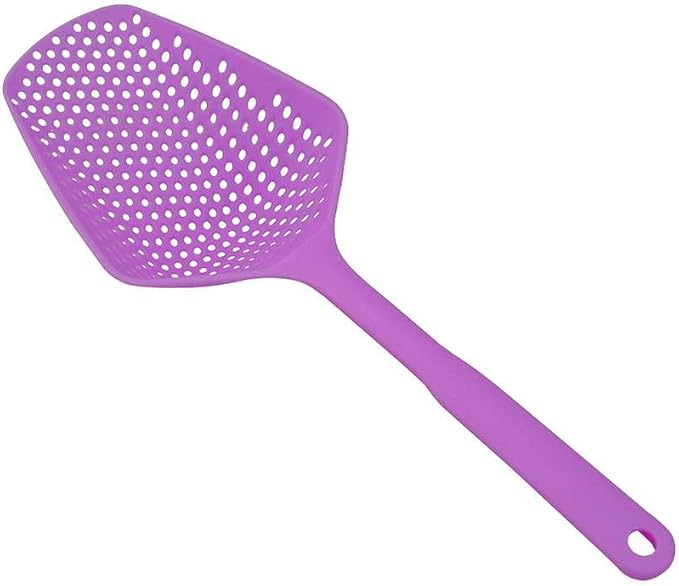 SEIWEI Large Strainer Spoon, Long Handle Tool Colander Draining Scoop, Heat-Resistant Pasta Strainer Cooking Kitchen for Spaghetti, Noodles, Veggies, Non-Slip Grip & Hanging Loop, 13.5'', Purple