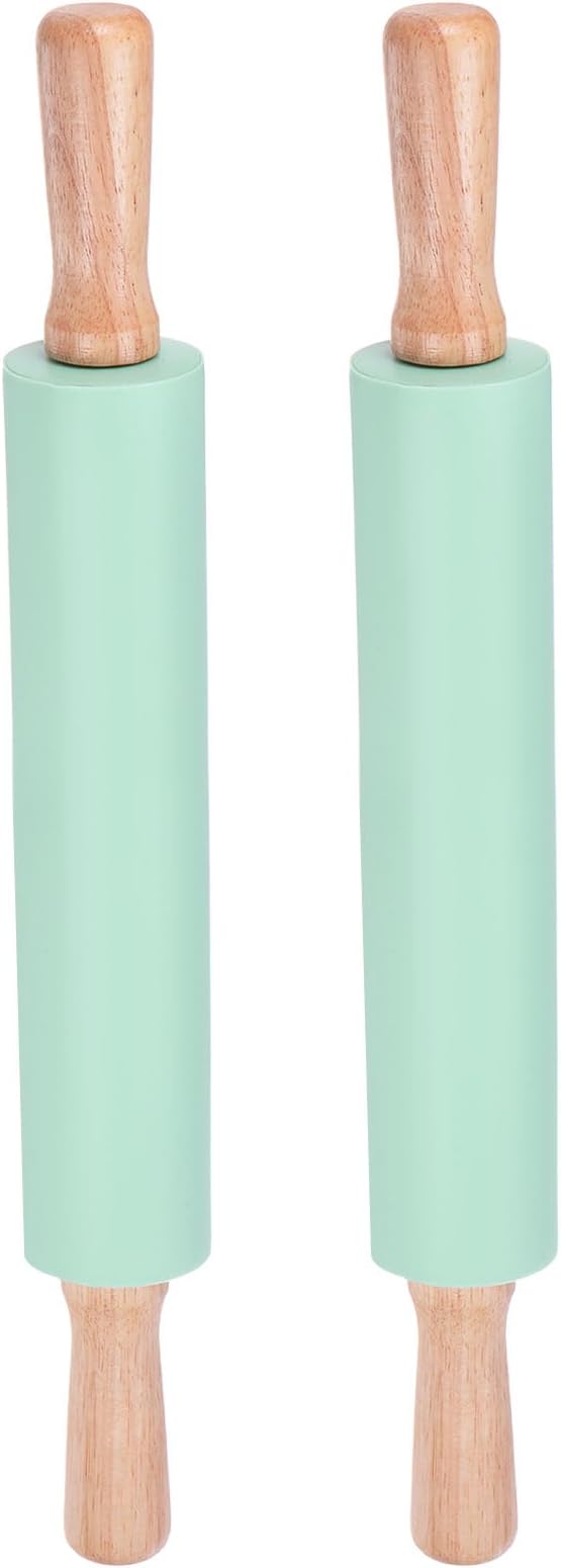 HARFINGTON 2pcs Silicone Rolling Pins for Baking 16.93 Inch Non-Stick Silicone Surface Wooden Handle Rolling Pin Small Roller Playdough Rolling Pins for Fondant Kitchen Dough Pizza, Green
