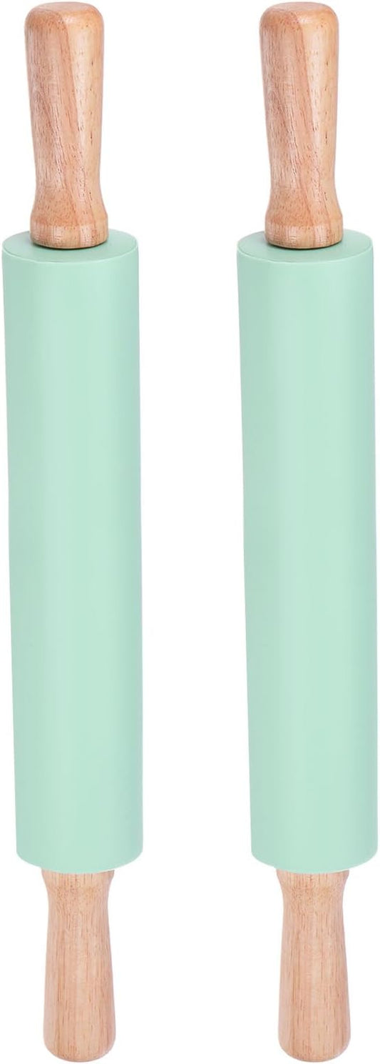 HARFINGTON 2pcs Silicone Rolling Pins for Baking 16.93 Inch Non-Stick Silicone Surface Wooden Handle Rolling Pin Small Roller Playdough Rolling Pins for Fondant Kitchen Dough Pizza, Green