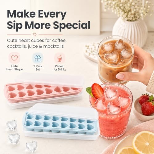 2 Pack Heart Shpaed Ice Cube Trays with Lids and Bins Ice Molds with Ice Storage Box, 48 Holes Silicone Heart Ice Cube Tray for Whiskey Cocktail Fun Shapes Cubes, with Lids & Bins