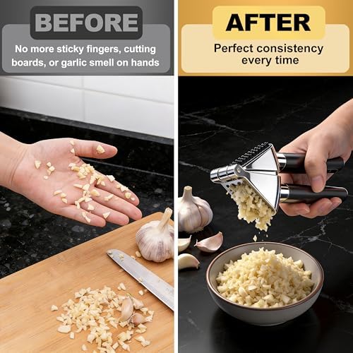 3WAVES Heavy Duty Garlic Press | Built-In Peel Cleaner | Large Chamber fits Multiple Cloves | Easy Squeeze Ergonomic handle | Food-Grade & Independently Tested | Rust Proof Die Cast Zinc Alloy