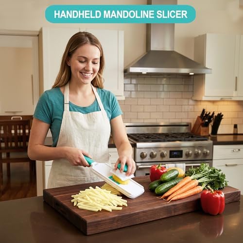 DINM Handheld Mandoline Slicer for Kitchen – Stainless Steel Vegetable Slicer with 3 Interchangeable Blades, Safety Food Holder, Potato, Cucumber & Carrot Cutter