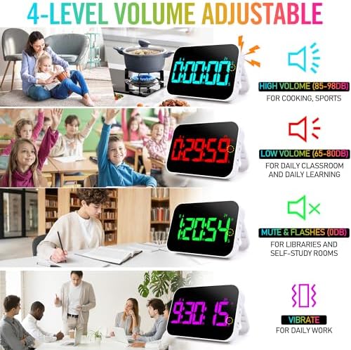 TXL Kitchen Timer for Cooking, Rechargeable Digital Magnetic Timer with Large LED Display, Loud Alarm, Sound Countdown, 4 Volume Levels and 3 Brightness for Classroom, Study (RGB)