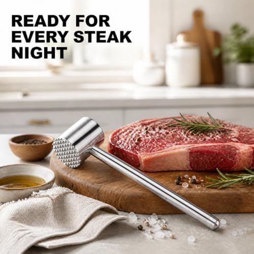 Meat Tenderizer Mallet, Heavy Duty Meat Hammer Dishwasher Safe, Kitchen Essentials 304 Stainless Steel Dual-side Mallet for Steak, Beef, Poultry and Fish