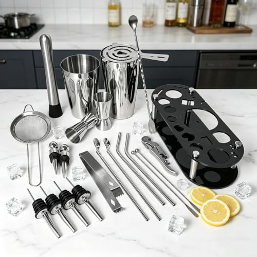 22-Piece Cocktail Shaker Set, 25/20oz Bartender Kit, Bartending Stainless Steel Bar Tools Sets for Drink Mixing, Boston Cocktail Shakers with Stand Recipes Booklet (Siver 25-20oz)