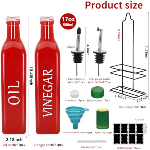 Farmhouse Oil and Vinegar Dispenser Set, 17 oz, beautiful olive oil dispenser, includes a black steel rack and a funnel, vintage cruets for vinegar and oil (Red)