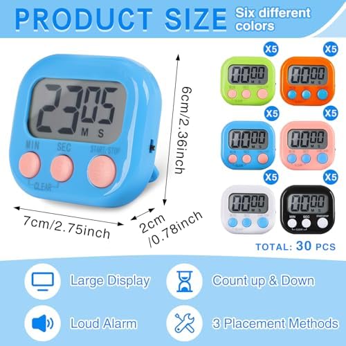 30 Pcs Digital Kitchen Timers, 6 Colors Magnetic LCD Countdown Timers