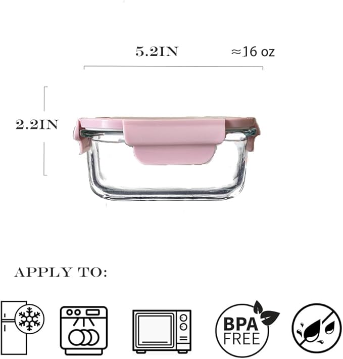 Square 2cup Glass Food Storage Containers with Airtight Lids, 16oz Glass Meal Prep Containers, Square Food Bowl For Lunch, Fruit, Snack, Dishwasher Microwave Freezer Safe (Pink+Green)