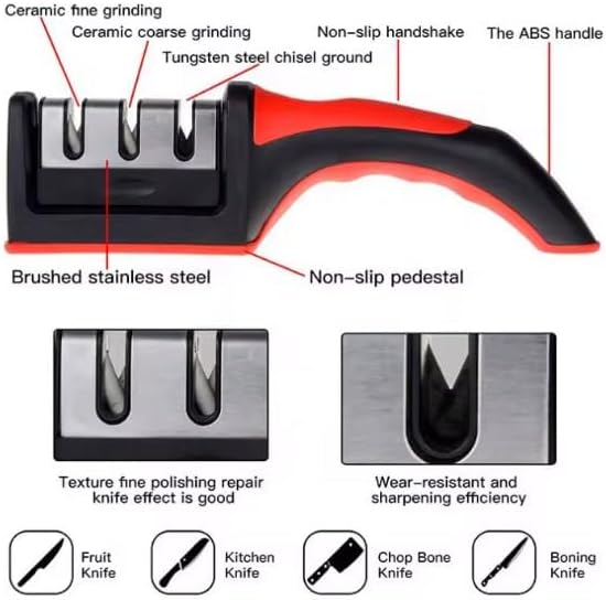 Professional 3-Stage Knife Sharpener with diamond, tungsten steel and ceramic slots. Sharpen kitchen knives, chef knives and scissors easily with this non-slip manual sharpener. (Red)