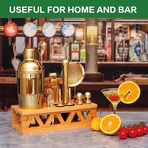 Cocktail Shaker Set Bartender Kit with Bamboo Stand,13 Piece Bar Set Stainless Steel Bar Accessories for Drink Mixing, Bar, Home, Party (Gold)