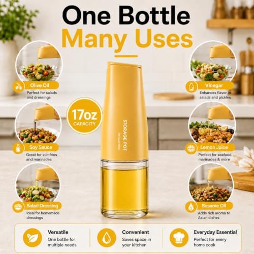 DIYORA 17oz Oil Dispenser Bottle with Automatic Flip Lid, Leakproof Glass Olive Oil Bottle with Spout, Perfect for Kitchen, Drip-Free Pourer for Vinegar, Soy Sauce(Yellow)