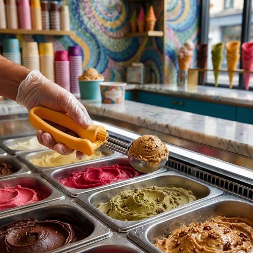Restaurantware Comfy Grip 2 Ounce Gelato Scoop 1 Ambidextrous Ice Cream Scoop - Built-In Blade Bright Handle Yellow Stainless Steel Cookie Dough Scoop Comfortable Grip For All Ingredients