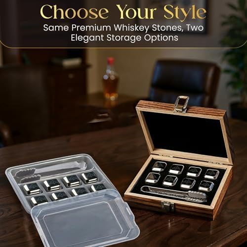 Whiskey Stones Gift Set, Custom Monogram 9, 8pcs Steel, Wood Box