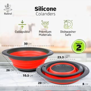 Collapsible Strainers for Kitchen, Red, Set of 2 | Made of Silicone, Collapsible Colander, Little Pegs to Keep Food Elevated
