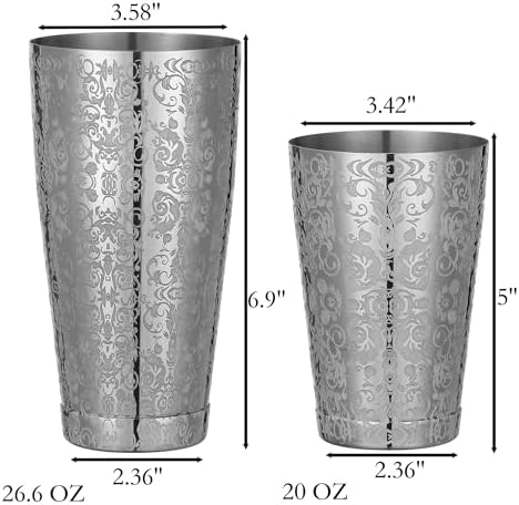 Stainless Steel Boston Shaker with Etched Pattern Weighted Shaking Tin Set (Spirit Silver)