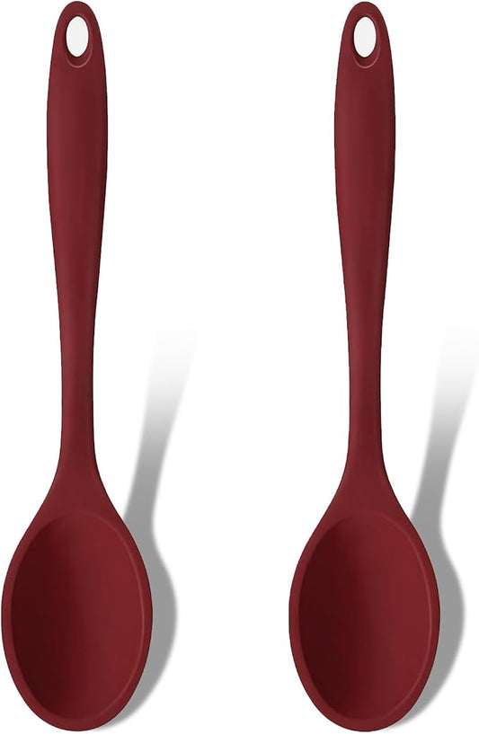 GEEKHOM Silicone Cooking Spoons, 2 Pieces 11" Heat Resistant Silicone Kitchen Utensils Set Large Serving Stirring Spoons for Non Stick Cooking, Mixing, Basting, Baking, Red