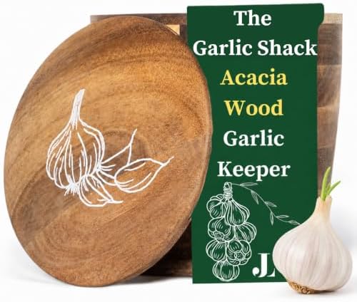 The Garlic Shack Acacia Garlic Keeper For Counter With Lid. Large 5.6 Inch
