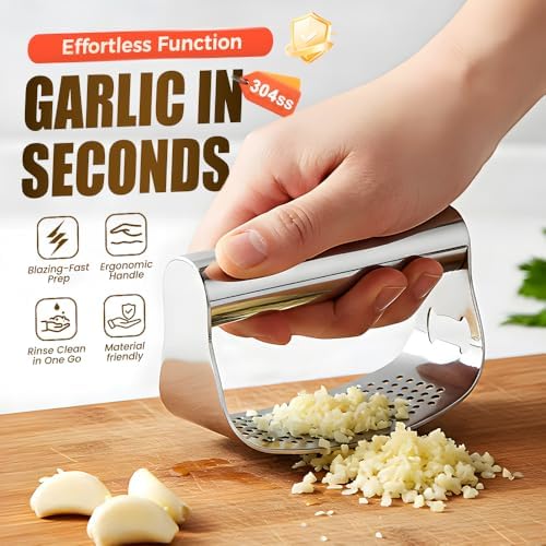 Garlic Press Rocker,Stainless Steel Garlic Presser,Crusher and Chopper,Kitchen Garlic Mincer Tool with Peeler & Cleaning Brush,For Extract Garlic Paste (1PC)