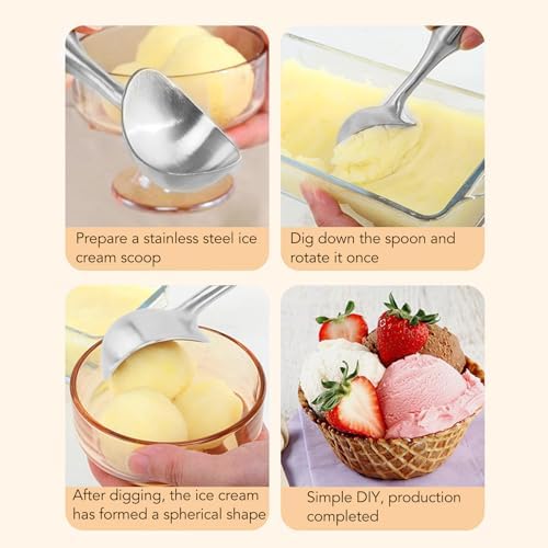 Ice Cream Scoop, Metal Ice Cream Scooper, Stainless Steel Ice Cream Scoop, Nonstick Anti Freeze One Piece Scooper Spoon, Long Handle Ice Cream Ball Spoon for Ice Cream, Cookie Dough, Sorbet (Silver)