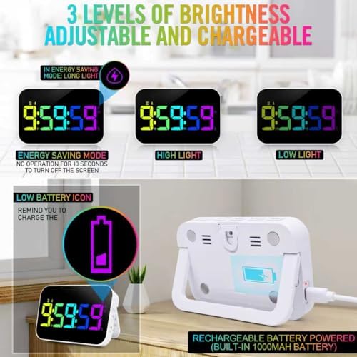 Kitchen Timer for Cooking, Rechargeable Digital Magnetic Timer with Large LED Display, Loud Alarm, Sound Countdown, 4 Volume Levels and 3 Brightness for Classroom, Study (RGB)