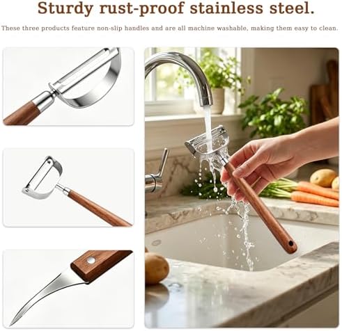 Multifunctional Vegetable Peeler for Kitchen, with Straight & Y Peeler & Shrimp Deveiner, Stainless Steel Blade with Wooden Handle, for Vegetable Fruit Carrots Potato Cucumbers