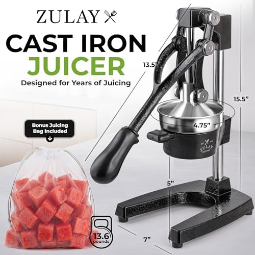 Zulay Kitchen Cast Iron Juicer - Heavy Duty Orange Juicer with Detachable Strainers for Easy Cleaning, Citrus Press for Citrus Fruits, Perfect for Bartenders, Juice Lovers & Health Enthusiasts