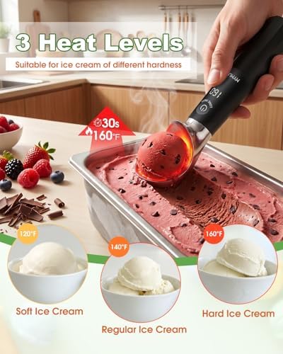 MYMULIKE Heated Ice Cream Scoop Rechargeable, Electric Ice Cream Scooper with 3 Temp Settings (120-160°F), IP67 Waterproof, 3oz Larger Icecream Scoop for Hard Gelato & Cookie Dough