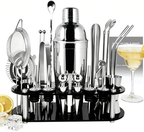 22-Piece 25oz Cocktail Shaker Set, Bartender Kit with Stand, Jigger for Bartending Kit, Bar Set Cocktail Shaker Set, Drink Mixer Set, Cocktail Set Recipe Home, Bar, Party (Stainless Steel)