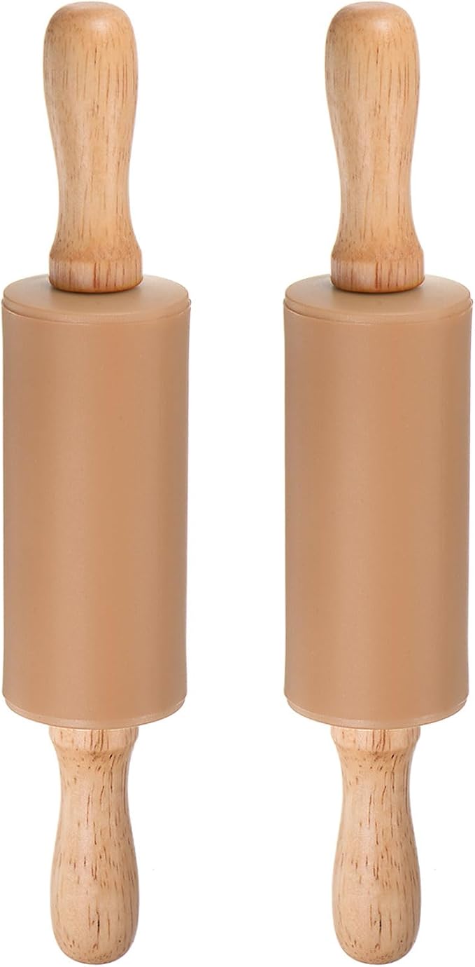 HARFINGTON 2pcs Silicone Rolling Pins for Baking 9.25 Inch Non-Stick Silicone Surface Wooden Handle Rolling Pin Small Roller Playdough Rolling Pins for Fondant Kitchen Dough Pizza, Brown