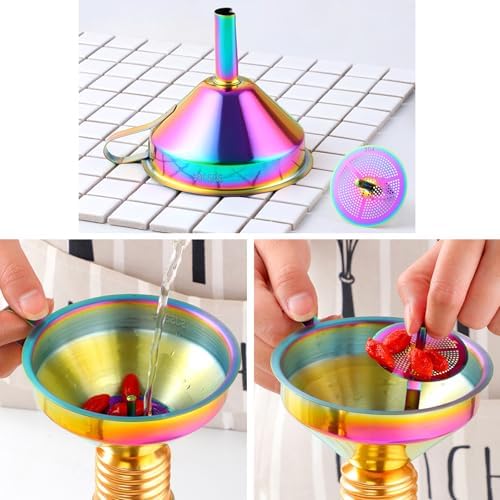 DOCBLACK Stainless Steel Funnel Set of 2, Stainless Steel Funnel with Removable Strainer and Handle, Food Grade Metal Kitchen Funnel for Fluid, Liquid, Oil, Powder Filling Bottles (RoseGold & Rainbow)
