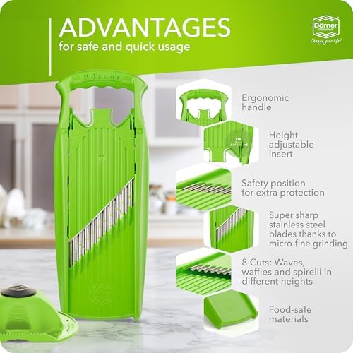 Börner by Reston Lloyd Wave-Waffle Power Line • Crinkle Cut/Spirelli Vegetable Slicer & Food Safety Holder • Slicer for Wave Waffle Cut Style • Multiple Thickness Options • Made in Germany, Green