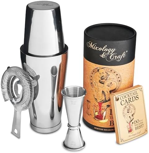 Mixology & Craft Boston Shaker Set with Weighted Martini Shakers | Cocktail Shaker Set Includes Strainer and Japanese Jigger | Great Gift Bar Set with Exclusive Recipe Cards | Leak-Proof (Silver)