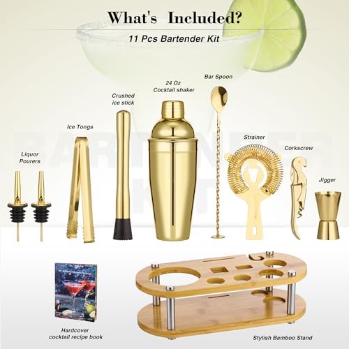 Wukuna Cocktail Shaker Bartender Kit, 11 Pcs Bar Tool Set with Bamboo Stand