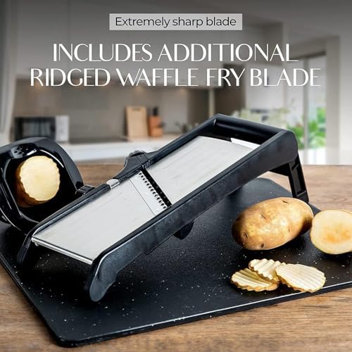 Adjustable Mandoline Slicer for Kitchen, Potato Cutter, Vegetable Chopper, Mandolin, Cucumber Slicer- INCLUDING one Pair Cut-Resistant Gloves and Waffle Fry Cutter