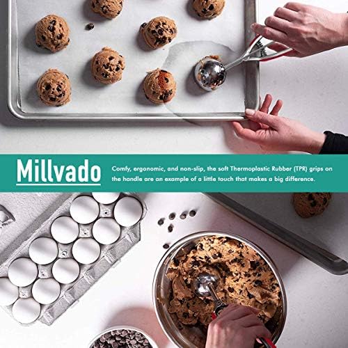 Millvado Stainless Steel Ice Cream and Cookie Millvado 3 Pack Stainless Steel Ice Cream and Cookie Scoops | With Red Rubber Grips – Spring Loaded Lever Design – For Sorbet, Melon, Meatballs, Muffins,
