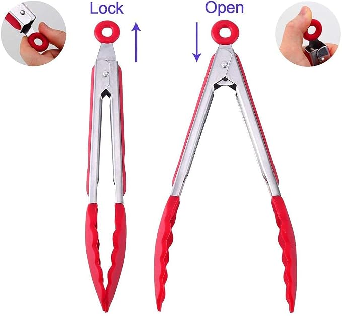 3 Pack Red Kitchen Tongs, Premium Silicone BPA Free Non-Stick Stainless Steel BBQ Cooking Grilling Locking Food Tongs, 9-Inch 10-Inch & 12-Inch
