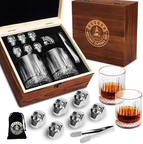 Whiskey Gift Set – 2 Bourbon Glasses with 6 Skull Whisky Stones, Cool Bourbon Scotch Set Gifts, Skull Gifts for Men Dad Husband, Drinking Gift for Holiday Father's Day Birthday