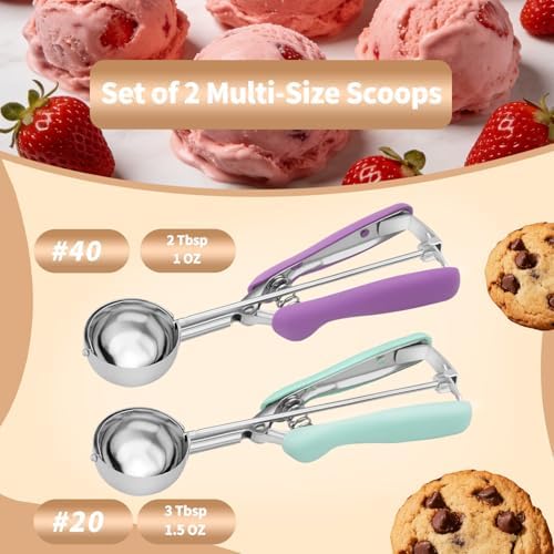 2Pcs Cookie Scoop Set, 18/8 Stainless Steel Cookie Dough Scoops with Lavender & Mint Green Ergonomic Handles, Professional Metal Scooper for Baking, Ice Cream & Cupcakes, 2 Tbsp&3 Tbsp