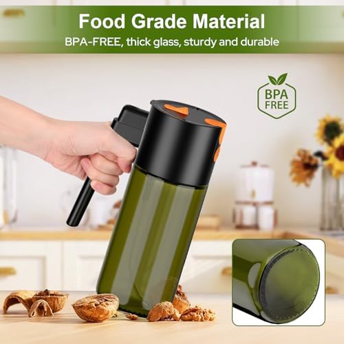 Oil Spray Bottle 500ml, 2-in-1 Spray & Pour Light-Blocking Glass, Refillable Olive Oil Dispenser for Kitchen, Air Fryer, Salad, and Barbecuing, with Brush（Black)