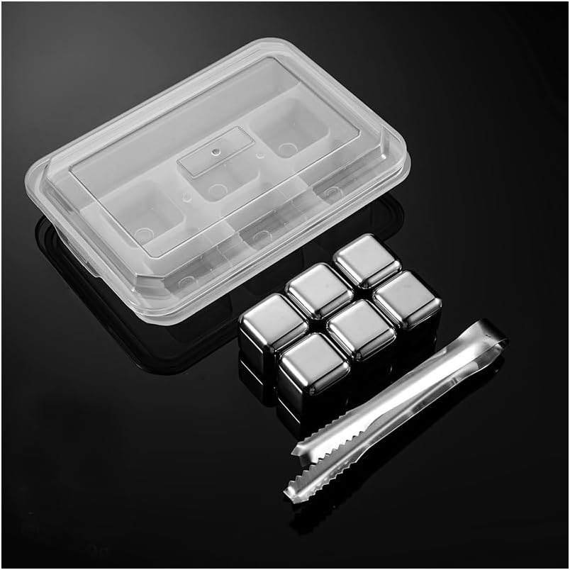 Stainless Steel Whiskey Stones Set - 6 Reusable Ice Cubes with clip & Tray, Premium Alcohol Chillers for Scotch Bourbon Cocktails, Ideal Gift for Men (stainless steel)