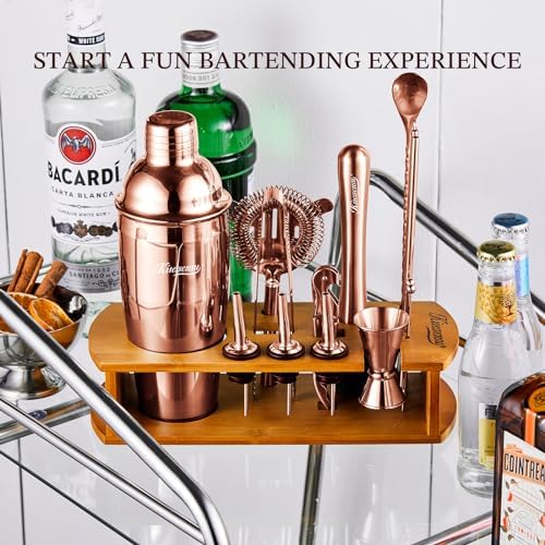 KITESSENSU Cocktail Shaker Set Bartender Kit with Stand - Drink Mixer Bar Set with All Essential Bar Accessory Tools - Martini Shaker Jigger Strainer Mixer Spoon Muddler Liquor Pourers - Rose Gold