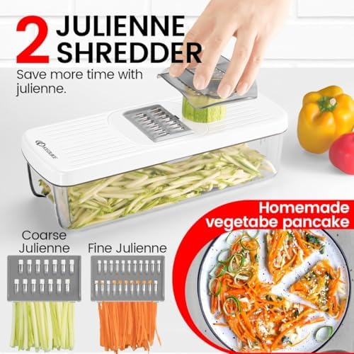 KEOUKE 8-in-1 Vertical Vegetable Chopper Mandoline Slicer with Container White - Safe Tap Out Dicer with Hand Guard for Kitchen Easy Food Prep, Onion Potato Veggie Fruit
