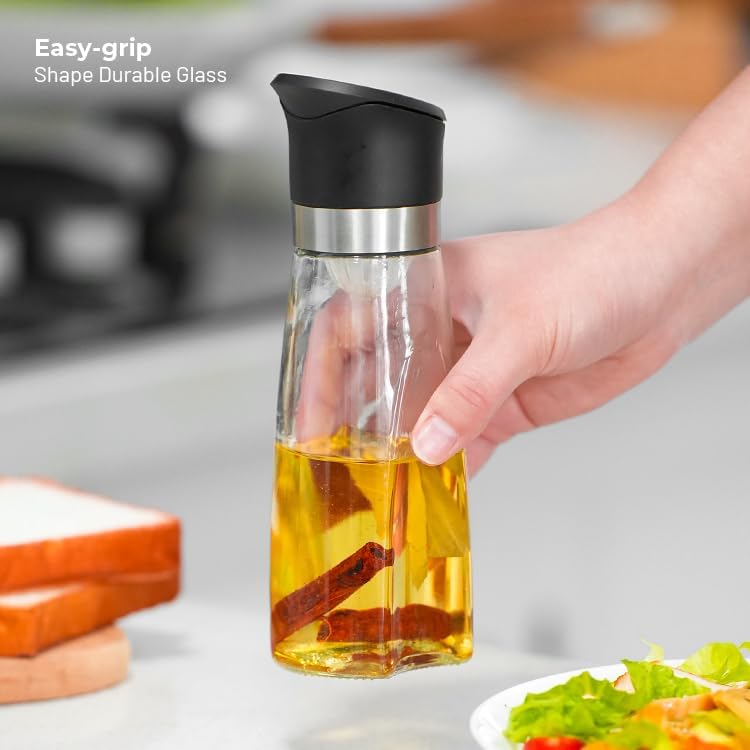 Premium Glass Olive Oil and Vinegar Dispenser Bottles Set, 2-Piece 11oz Kitchen Cooking Cruet with Auto-Open Lid, Non-Drip Pouring Spout, Oil Infuser Filter, Dishwasher Safe