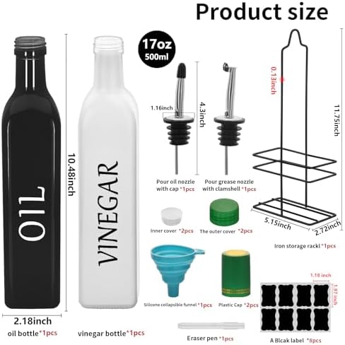 Farmhouse Oil and Vinegar Dispenser Set, 17 oz, beautiful olive oil dispenser, includes a black steel rack and a funnel, vintage cruets for vinegar and oil (Black Oil & White Vinegar)