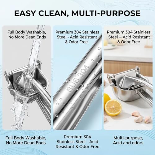 304 Food Grade Stainless Steel Manual Lemon Squeezer, Heavy Duty Hand Press Citrus Juicer Handheld Juice Extractor for Orange Lime Grapefruit Watermelon Grape, Portable Fruit Juice Presser