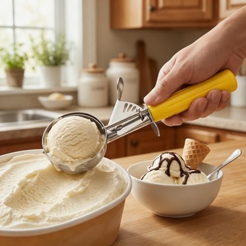 TOPKITCHEN Commercial-Grade Ice Cream Scoop 1.63 oz, 18/8 Stainless Steel Cookie Scoop with Plastic Handle, Portion Control Disher Scoop for Bakeries, Restaurants & Dessert Shops, #20, Yellow