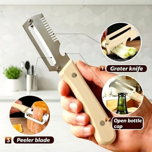 2-Piece Multi-Function Kitchen Peeler Set, 3-in-1 Stainless Steel Peeler with Built-in Bottle Opener and Non-Slip Wooden Handle, for Peeling Pumpkins, Potatoes, and Other Fruits and Vegetables